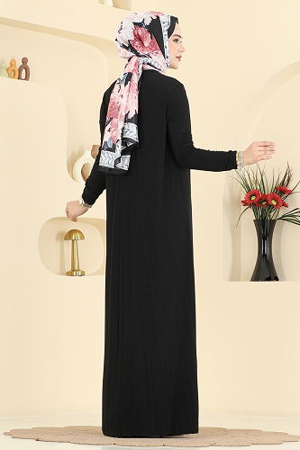 moda selvim Dökümlü Rahat Pilise Elbise 1935ZNN863 Siyah - Thumbnail