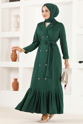 moda selvim Double-breasted Collar Buttoned Dress ASM2645-1 Emerald - Thumbnail