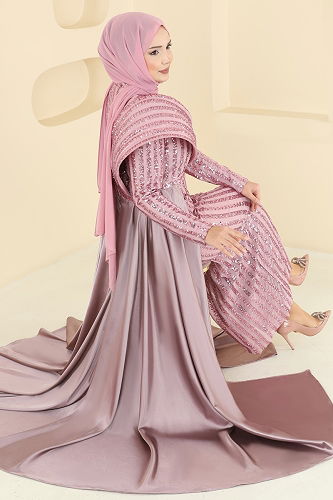 moda selvim Drapaj Aksesuarlı Pul Payet Abiye 2848ELCK1161 Pudra - Thumbnail