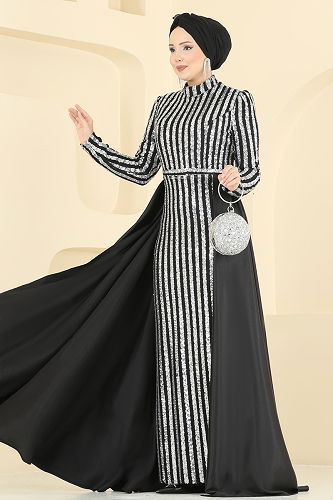 moda selvim Drapaj Aksesuarlı Pul Payet Abiye 2848ELCK1161 Siyah - Thumbnail