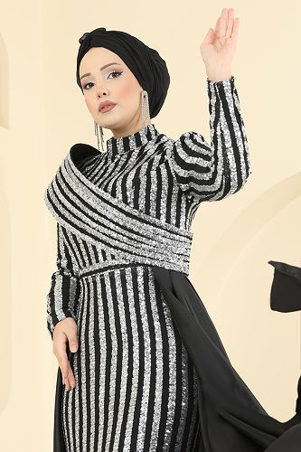 moda selvim Drapaj Aksesuarlı Pul Payet Abiye 2848ELCK1161 Siyah - Thumbnail