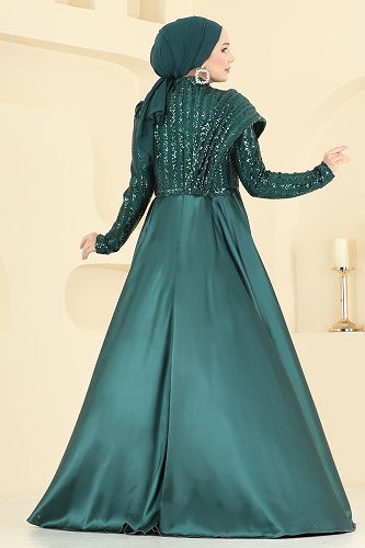 moda selvim Drapaj Aksesuarlı Pul Payet Abiye 2848ELCK1161 Zümrüt - Thumbnail