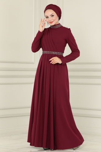 moda selvim Drape Detailed Hijab Dress ASM2611-1 Burgundy - Thumbnail