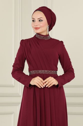 moda selvim Drape Detailed Hijab Dress ASM2611-1 Burgundy - Thumbnail