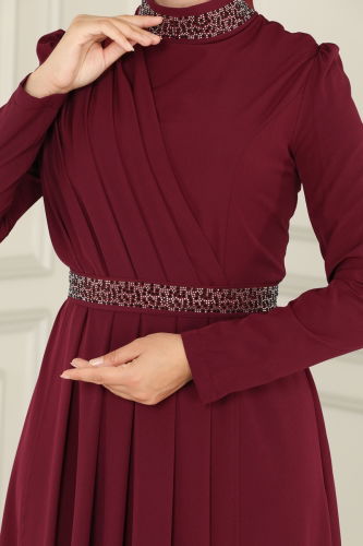 moda selvim Drape Detailed Hijab Dress ASM2611-1 Burgundy - Thumbnail