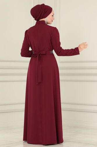 moda selvim Drape Detailed Hijab Dress ASM2611-1 Burgundy - Thumbnail