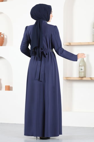 moda selvim Drape Detailed Hijab Dress ASM2611-1 Navy Blue - Thumbnail