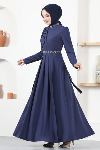 moda selvim Drape Detailed Hijab Dress ASM2611-1 Navy Blue - Thumbnail