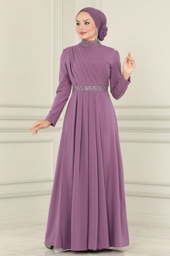 moda selvim Drape Detailed Hijab Dress ASM2611-1 Lilac - Thumbnail