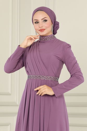 moda selvim Drape Detailed Hijab Dress ASM2611-1 Lilac - Thumbnail