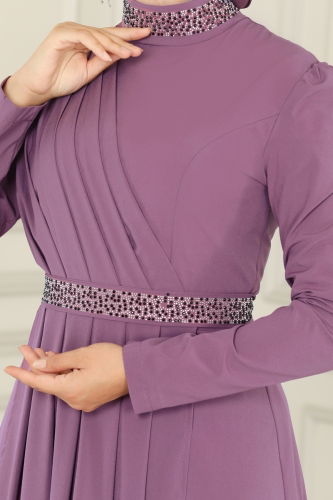 moda selvim Drape Detailed Hijab Dress ASM2611-1 Lilac - Thumbnail