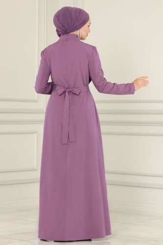 moda selvim Drape Detailed Hijab Dress ASM2611-1 Lilac - Thumbnail