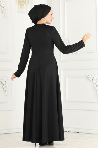 moda selvim Drape Detailed Hijab Evening Dress 2519SL432 Black - Thumbnail