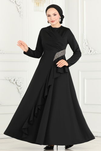 moda selvim Drape Detailed Hijab Evening Dress 2519SL432 Black - Thumbnail