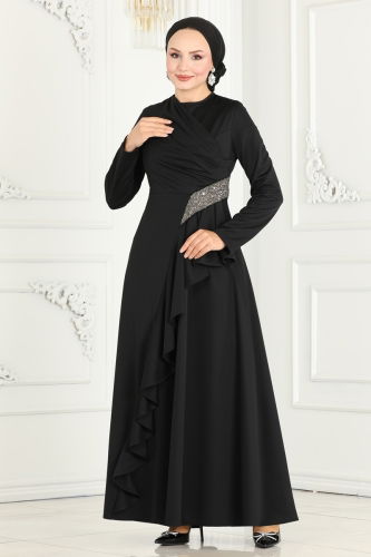 moda selvim Drape Detailed Hijab Evening Dress 2519SL432 Black - Thumbnail