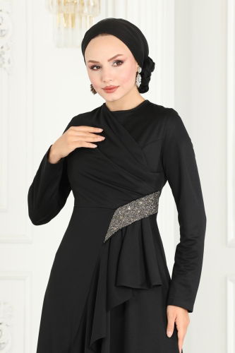 moda selvim Drape Detailed Hijab Evening Dress 2519SL432 Black - Thumbnail