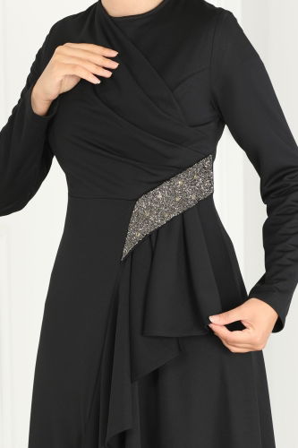 moda selvim Drape Detailed Hijab Evening Dress 2519SL432 Black - Thumbnail