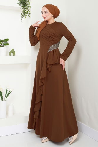 moda selvim Drape Detailed Hijab Evening Dress 2519SL432 Brown - Thumbnail