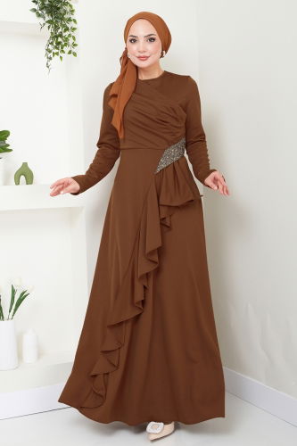 moda selvim Drape Detailed Hijab Evening Dress 2519SL432 Brown - Thumbnail