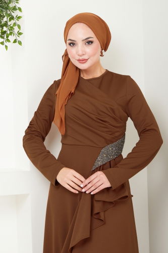 moda selvim Drape Detailed Hijab Evening Dress 2519SL432 Brown - Thumbnail