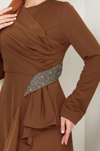 moda selvim Drape Detailed Hijab Evening Dress 2519SL432 Brown - Thumbnail