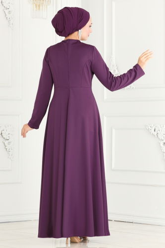 moda selvim Drape Detailed Hijab Evening Dress 2519SL432 Dark Lilac - Thumbnail