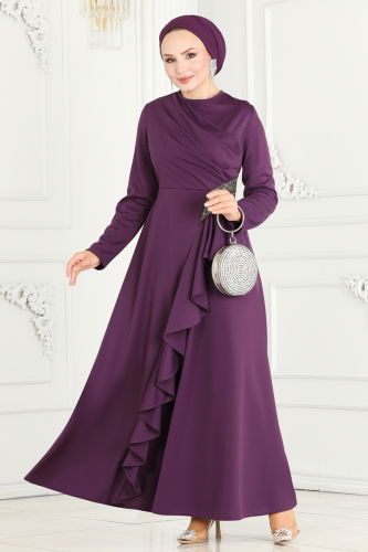 moda selvim Drape Detailed Hijab Evening Dress 2519SL432 Dark Lilac - Thumbnail