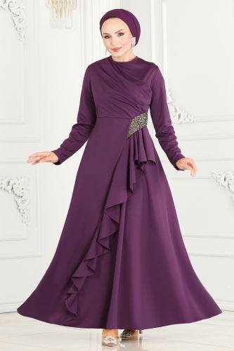 moda selvim Drape Detailed Hijab Evening Dress 2519SL432 Dark Lilac - Thumbnail