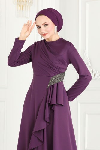 moda selvim Drape Detailed Hijab Evening Dress 2519SL432 Dark Lilac - Thumbnail