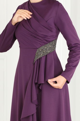 moda selvim Drape Detailed Hijab Evening Dress 2519SL432 Dark Lilac - Thumbnail