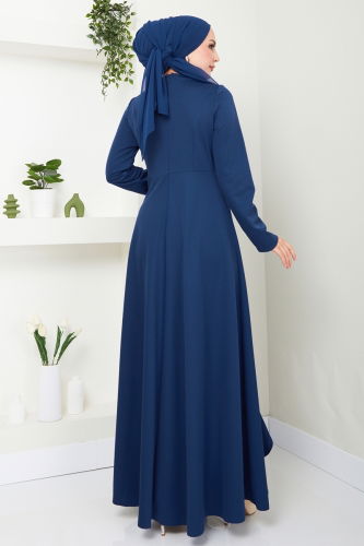 moda selvim Drape Detailed Hijab Evening Dress 2519SL432 Indigo - Thumbnail