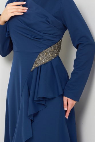 moda selvim Drape Detailed Hijab Evening Dress 2519SL432 Indigo - Thumbnail