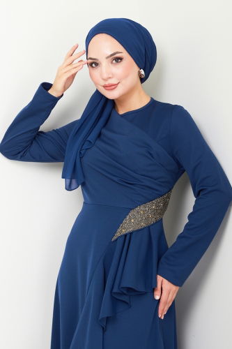 moda selvim Drape Detailed Hijab Evening Dress 2519SL432 Indigo - Thumbnail