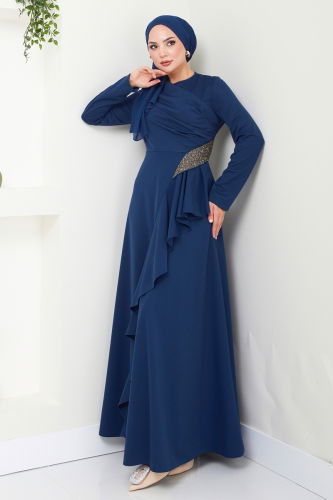 moda selvim Drape Detailed Hijab Evening Dress 2519SL432 Indigo - Thumbnail