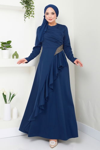 moda selvim Drape Detailed Hijab Evening Dress 2519SL432 Indigo - Thumbnail