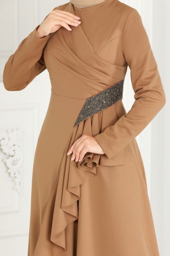 moda selvim Drape Detailed Hijab Evening Dress 2519SL432 Latte - Thumbnail