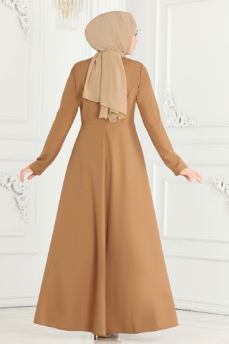 moda selvim Drape Detailed Hijab Evening Dress 2519SL432 Latte - Thumbnail