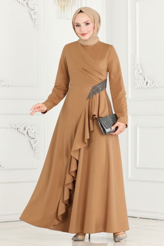 moda selvim Drape Detailed Hijab Evening Dress 2519SL432 Latte - Thumbnail