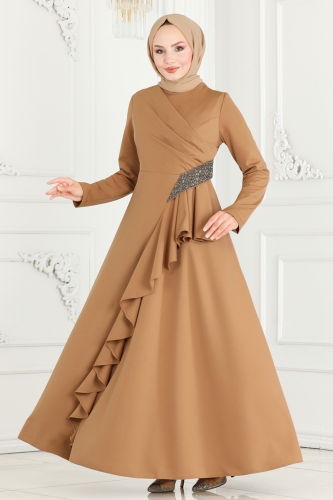 moda selvim Drape Detailed Hijab Evening Dress 2519SL432 Latte - Thumbnail