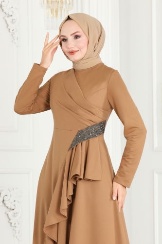 moda selvim Drape Detailed Hijab Evening Dress 2519SL432 Latte - Thumbnail