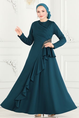 moda selvim Drape Detailed Hijab Evening Dress 2519SL432 Petrol - Thumbnail