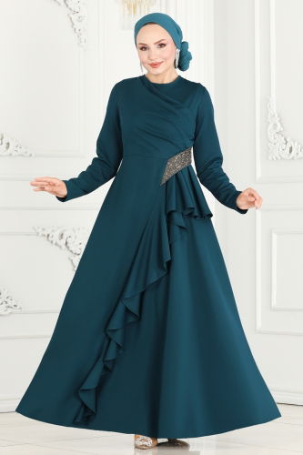 moda selvim Drape Detailed Hijab Evening Dress 2519SL432 Petrol - Thumbnail