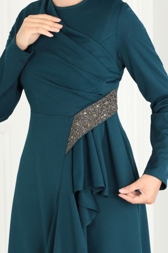 moda selvim Drape Detailed Hijab Evening Dress 2519SL432 Petrol - Thumbnail