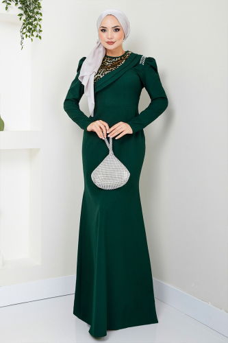 MRV A.S.M. - Drape Detailed Hijab Evening Dress ASM2708-M Emerald