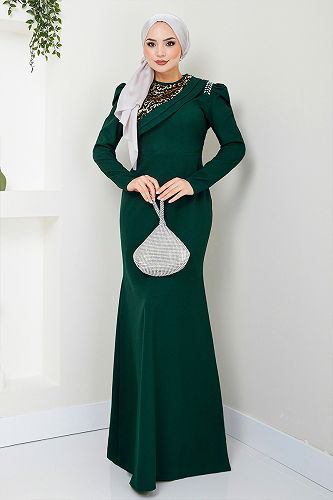 moda selvim Drape Detailed Hijab Evening Dress ASM2708-M Emerald - Thumbnail