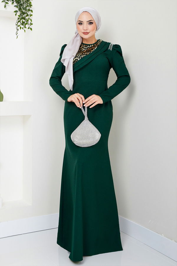 Modaselvim NET 20%+20% DISCOUNT IN THE CARD Drape Detailed Hijab Evening Dress ASM2708-M Emerald