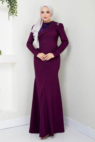 MRV A.S.M. - Drape Detailed Hijab Evening Dress ASM2708-M Magenta