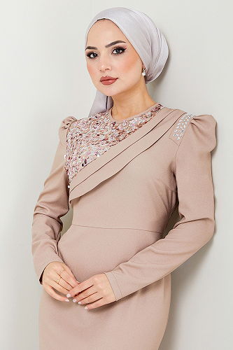 moda selvim Drape Detailed Hijab Evening Dress ASM2708-M Vision - Thumbnail