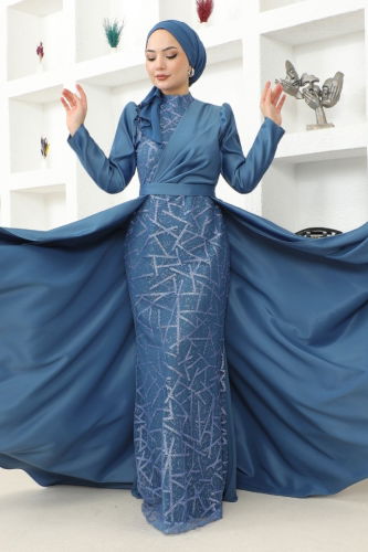 moda selvim Drape Detailed Hijab Evening Dress MSL6429 Indigo - Thumbnail