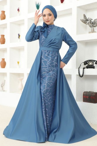 moda selvim Drape Detailed Hijab Evening Dress MSL6429 Indigo - Thumbnail